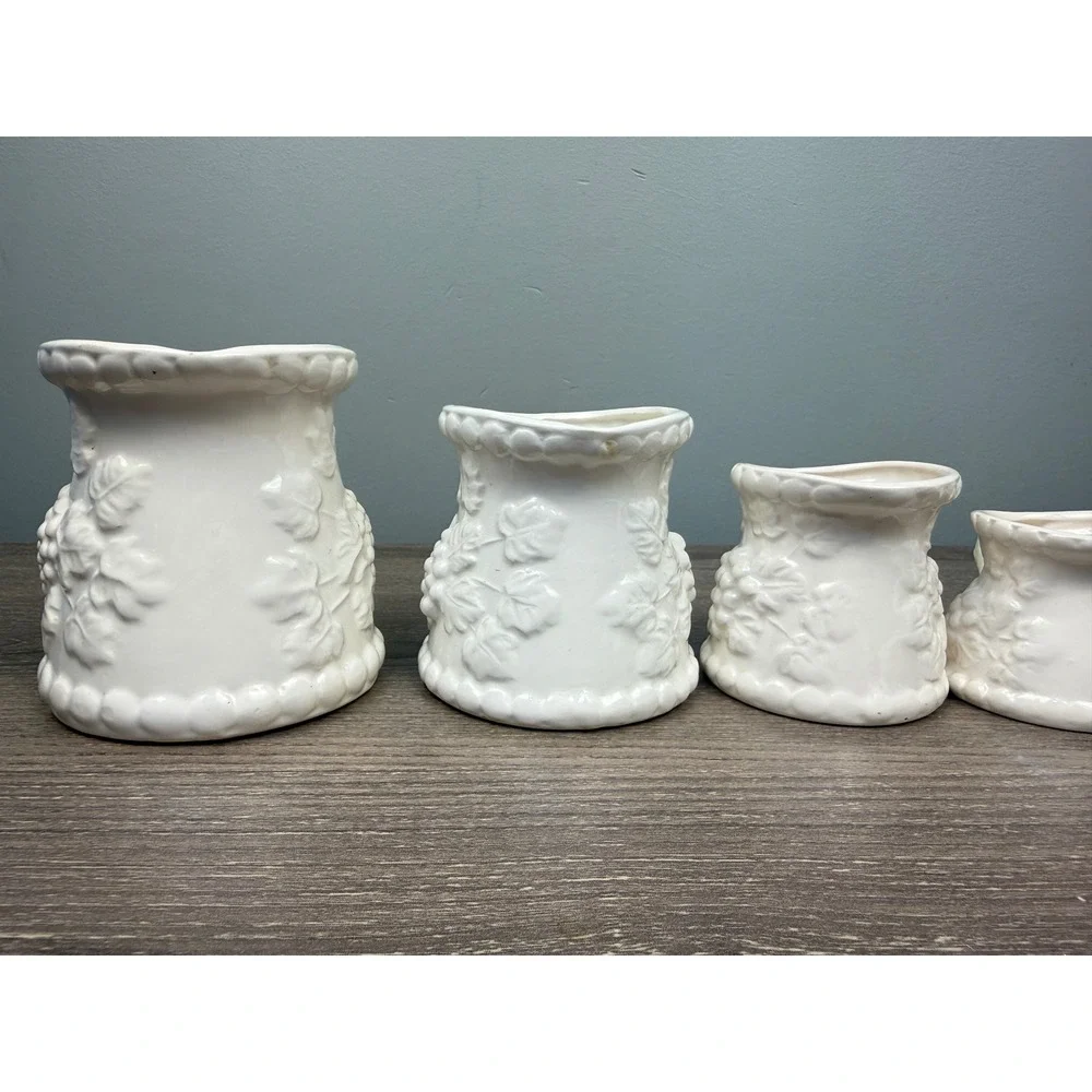 White Ceramic Grape Embossed Measuring Pitcher Set 4 Piece Farmhouse Kitchen